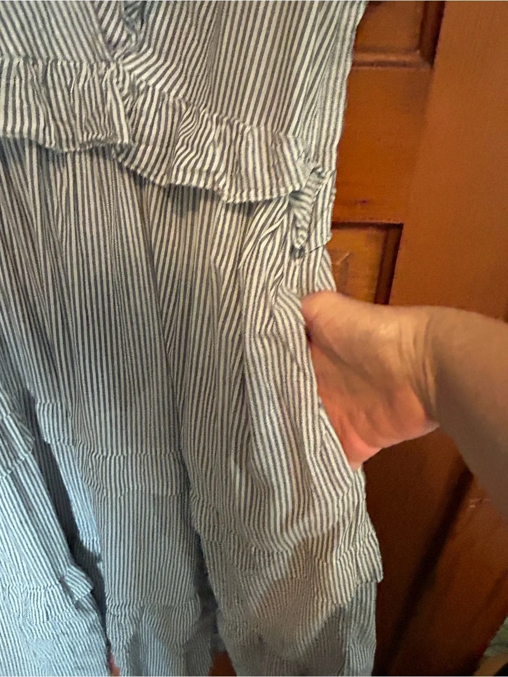 J. Crew Blue and White Striped Ruffle Maxi Dress